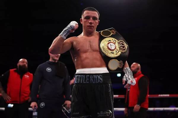 Nick Ball celebrates victory in the WBA Featherweight world title fight against Ronny Rios