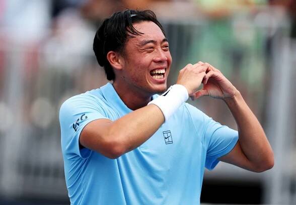 Coleman Wong celebrates his win over Ben Shelton at the Miami Open. Photo: Getty Images via AFP