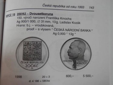 200 Kč 150 výr. nar. Fr. Kmocha PROOF! - Numismatika