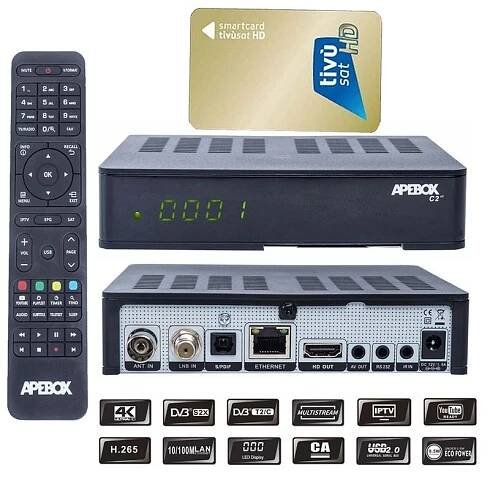 Apebox C2 4K UHD H.265 LAN DVB-S2X DVB-C/T2 Multistream Combo Receiver mit TIVUSAT Karte