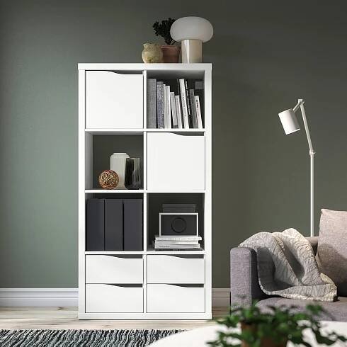 KALLAX Shelving unit - with 2 doors with 4 drawers/wave shaped white 147x77 cm