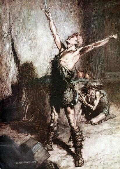 Siegfried kuje svůj meč. Ilustrace k Siegfriedovi a Soumraku bohů od Richarda Waga od Arthur Rackham