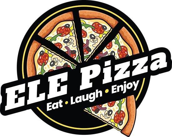 A logo for ele pizza that says eat laugh enjoy