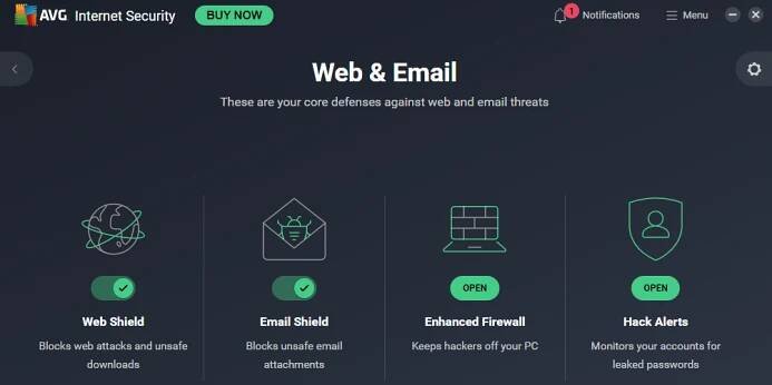 AVG app showing list of Web & Email shields