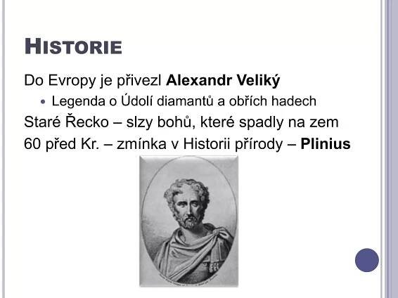 HistorieDo Evropy je přivezl Alexandr VelikýLegenda o Údolí diamantů a obřích hadechStaré Řecko – slzy bohů, které spadly na zem60 před Kr. – zmínka v Historii přírody – Plinius