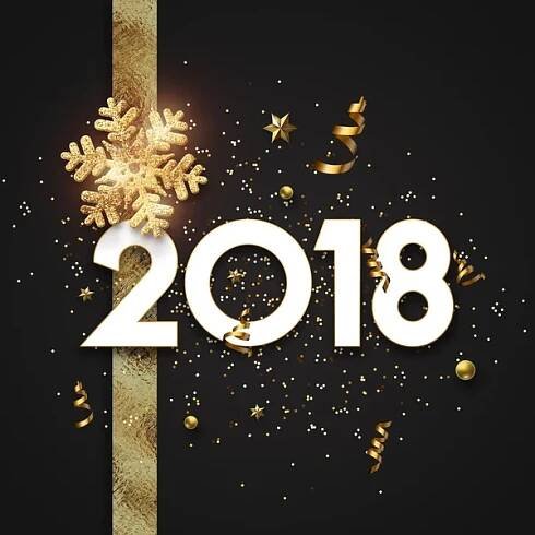 Nápis 2018, vánoční, Vánoční pozadí, blahopřání s zlatý vánoční vločka a konfety. Tmavé pozadí. — Stock obrázek