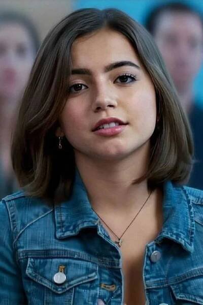 a close up of a person wearing a jean jacket and necklace with people in the background