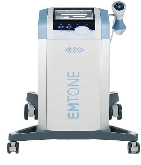 A pre-owned BTL Emtone aesthetic laser device featuring a touchscreen display and handheld applicator, mounted on a wheeled base.