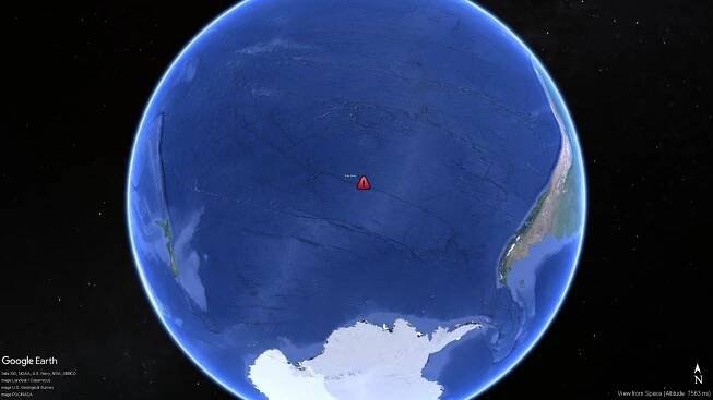 Google Earth view of Point Nemo, halfway between New Zealand and the US West Coast in the Pacific Ocean