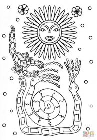 Umění Huichol - Slunce, štír a hadi omalovánka | Omalovánky k Vytisknutí Zdarma