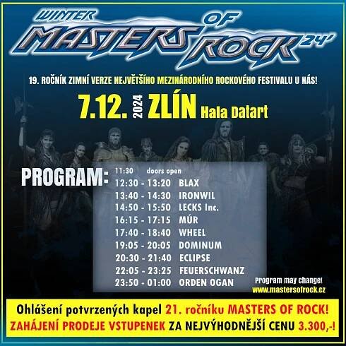 ZIMNÍ MASTERS OF ROCK 2024 je tady pozítří! Mrkněte na program a přijďte se bavit! | PRAGOKONCERT BOHEMIA, a.s.