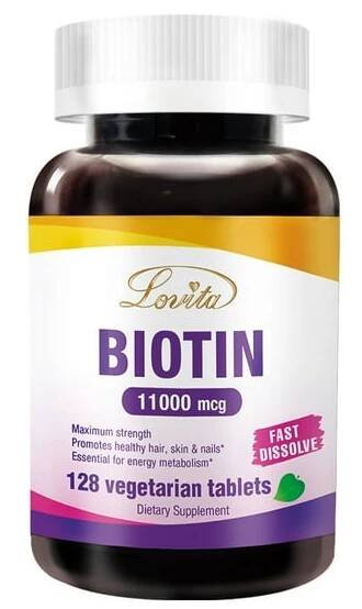 LOVITA Biotin 11,000mcg High Potency, Fast Dissolve Vitamin B7 to Support Hair, Skin & Nails – Gluten-Free, 128 Vegan Tablets