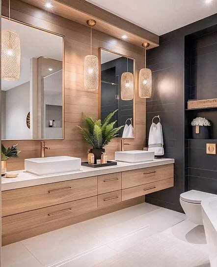 a modern bathroom with two sinks and mirrors
