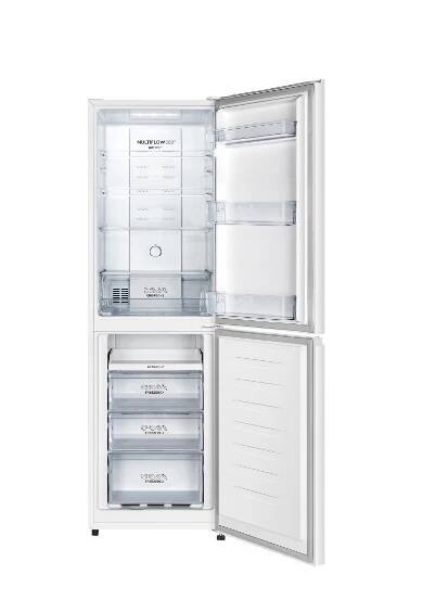 Lednice Samsung s mrazákem, otevřené dveře, interiér viditelný.