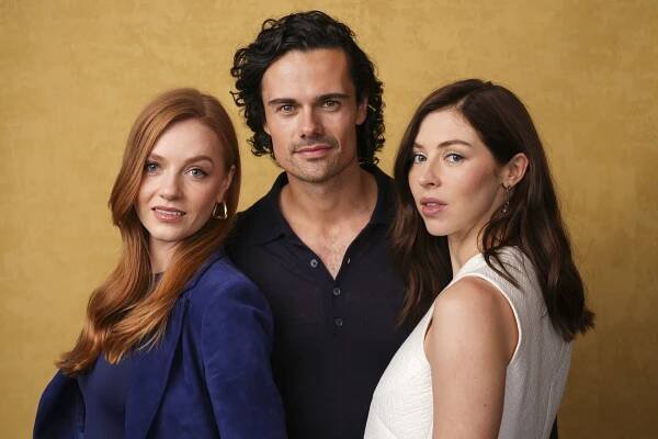 Harriet Slater, from left, Jamie Roy, and Hermione Corfield pose for a portrait to promote "Outlander: Blood of My Blood" during Comic-Con International on Saturday, July 26, 2025, in San Diego. (AP Photo/Chris Pizzello)