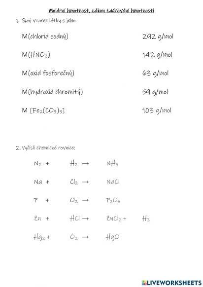 Molární hmotnost, vyčíslení rovnic worksheet | Live Worksheets