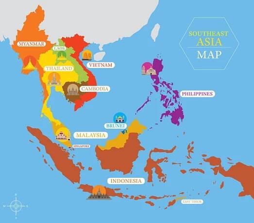 Mapa jihovýchodní Asie s ikonami země a umístění — Ilustrace