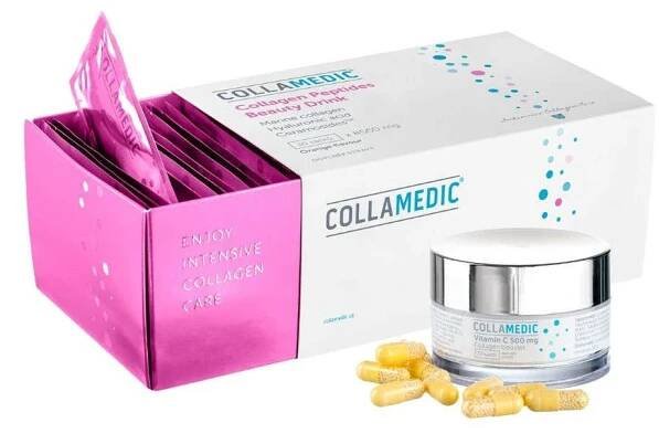 Collamedic Collagen peptides beauty drink 8560 mg (30 sáčků) + Vitamín C 500 mg s postupným užíváním 30 kapslí ZDARMA