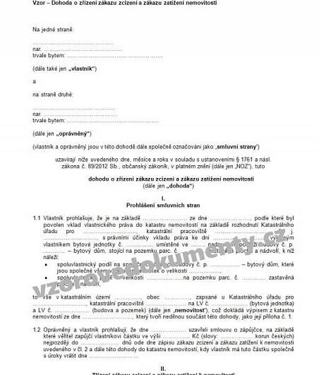 Dohoda o zřízení zákazu zcizení a zákazu zatížení nemovitosti (dle § 1761 občanského zákoníku) - vzor ke stažení | Vzory
