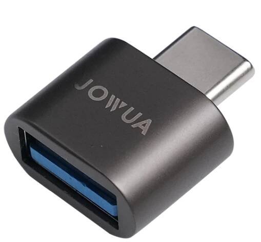 A compact USB-C to USB-A adapter, branded with "JOWUA," features a metallic gray finish and offers seamless data synchronization through its USB 3.0 port for connectivity, making it ideal for TeslaConnect compatibility.