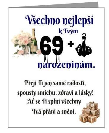 Vtipné přání k 70 narozeninám - Je ti 69 plus prostředníček
