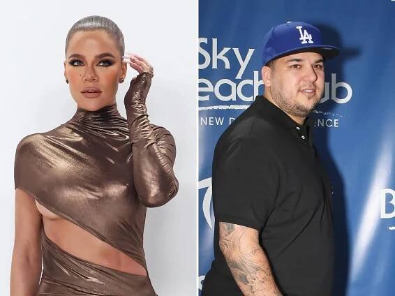 left: khloe kardashian in a wraparound bronze, stretchy dress, holding her hand up to her cheek; right: rob kardashian in a black polo and LA dodgers hat
