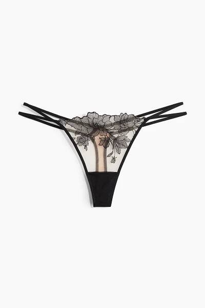 Vyšívané kalhotky thong - Béžová/černá - ŽENY | H&M CZ 1