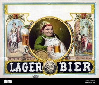Late nineteenth century (circa 1879) lithograph poster advertising Lager Bier. Stock Photo