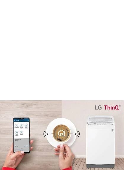 Smartphone with LG ThinQ app on left, coffee cup in center, washer on right, showing ease of use for smart home integration.