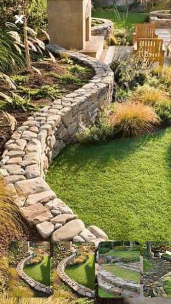 an aerial view of a garden with green grass and stone paths leading to a bench