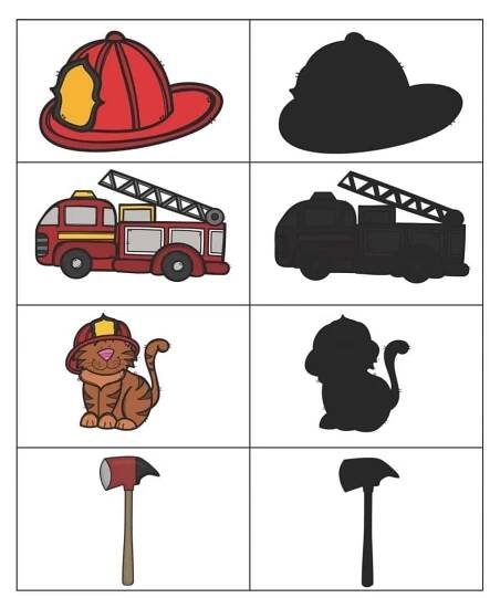 cut out pictures with different types of fire fighters and their silhouettes on the paper