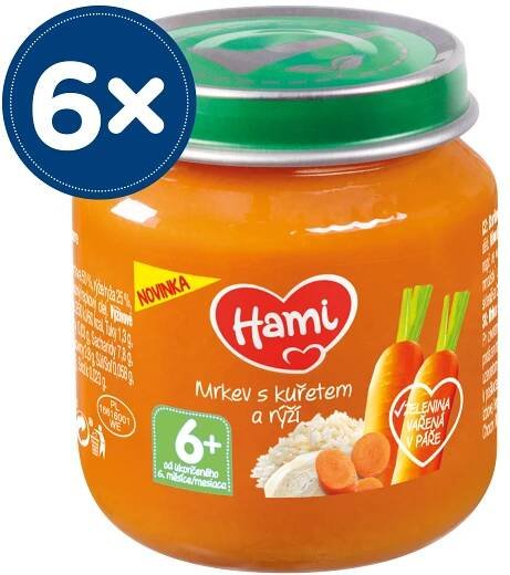Příkrm Hami Mrkev s kuřecím masem a rýží 6+, 6 x 125 g od 6 měsíce 750 g