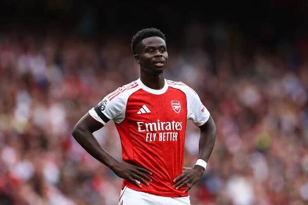 Bukayo Saka of Arsenal in a Premier League match.