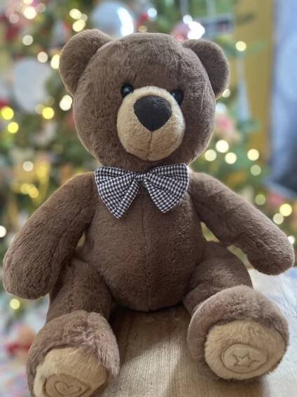 teddy bear sitting in front of christmas tree