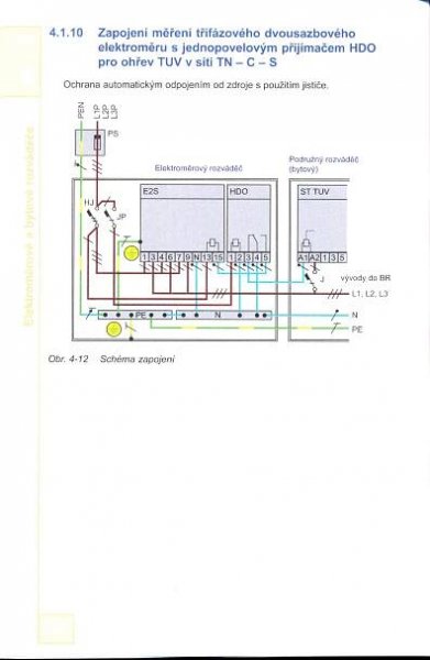 4.1.10 Zapojení měření třífázového dvousazbového
              elektroměru s jednopovelovým přijímačem HDo
              pro ohřev TUV v síti TN - c _ s
   ochrana automatickým odpojením od zdroje s pouŽitím jističe'

        ? o-LL
        t:!!

                                                     Podružný rozváděč
                         Elektroměrový rozváděč      (bytový)




                                                                ;   vývody do BR

                                                                      11.12, L3

                                                       *-***f*