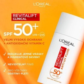 L'Oréal Paris Revitalift Clinical Denní Anti-UV Fluid s velmi vysokou ochranou s SPF50+ a vitaminem C, 50 ml