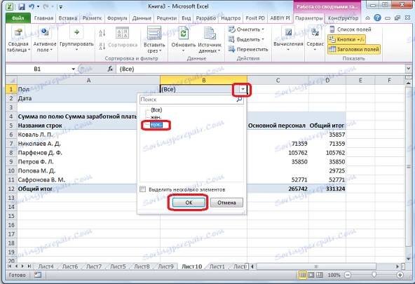 Filtrování podle pohlaví v aplikaci Microsoft Excel