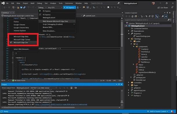 Select the preview channel of Microsoft Edge that you want Visual Studio to launch