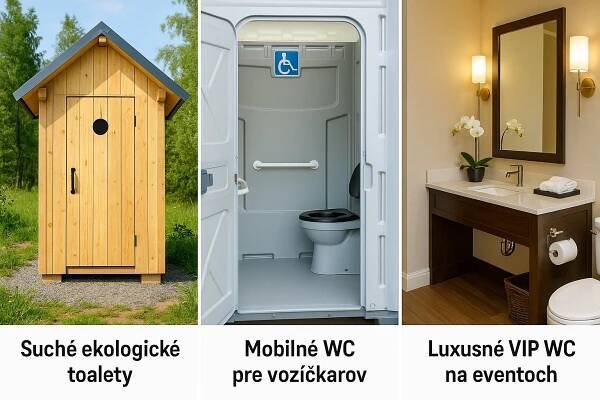 Koláž zobrazujúca alternatívy k chemickým prenosným WC, vrátane suchých ekologických toaliet, mobilných WC pre osoby so zdravotným postihnutím a luxusných VIP WC na špeciálne udalosti, určená na prehľadné porovnanie možností.