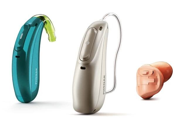 Three types of Phonak hearing aids: behind-the-ear,  receiver-in-the-canal and in-the-ear.