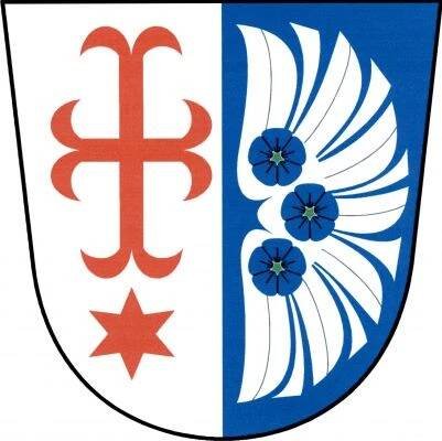 Ve stříbrno - modře polceném štítě vpravo kotvicový kříž s kratšími vodorovnými rameny nad hvězdou, obojí červené, vlevo stříbrné orlí křídlo, v něm tři modré květy lnu pod sebou.