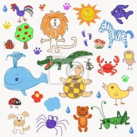 Dětské kreslení doodle zvířata stromů. vektorové ilustrace