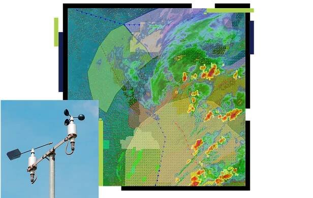 Two squares with a weather station and a map showing fluctuating weather