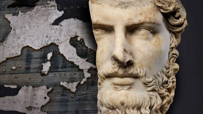 A fragmented marble bust of Lucius Verus, in the backdrop a map of the Roman Empire