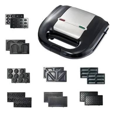 Obrázek produktu pro Elektrický sendvičovač 8 v 1, palačinkárna, snídaňový stroj s 8 odnímatelnými nepřilnavými deskami, na vafle, koblihy, černý