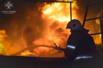 In this photo provided by the Ukrainian Emergency Service, emergency services personnel work to extinguish a fire in Kharkiv, Ukraine, on Friday, Nov. 3, 2023, following Russian drones attack. No casualties have been reported. (Ukrainian Emergency Service via AP)
