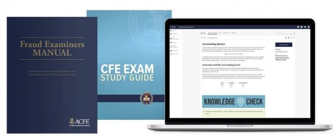 Image of laptop computer with Prep Course software on screen and a digital representations of the fraud examiners manual and cfe exam study guide