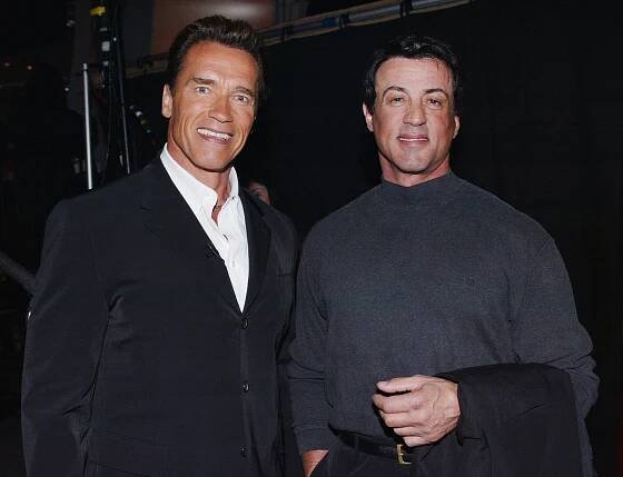 Arnold Schwarzenegger and Sylvester Stallone at the "2002 World Stunt Awards"