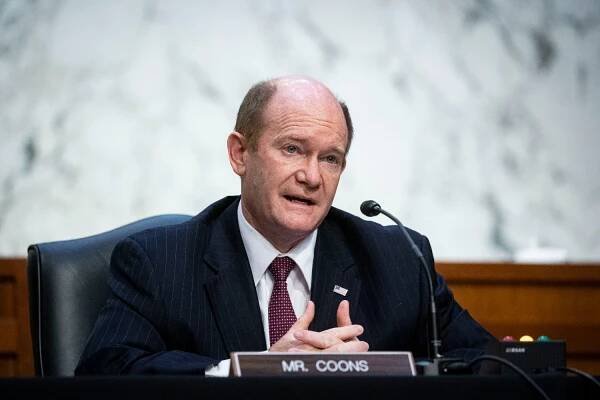 U.S. Sen. Chris Coons speaks during a meeting of the Senate Judiciary Committee at the U.S. Capitol in Washington on Feb. 22.