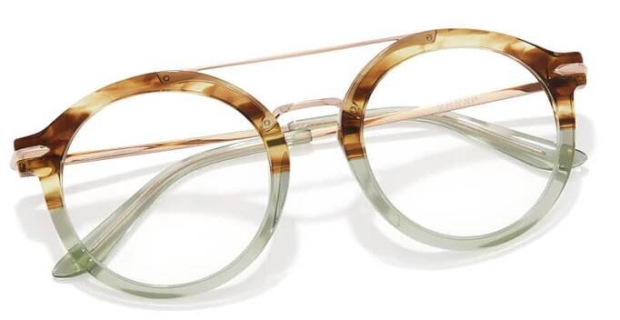 Round tortoiseshell and clear glasses with light green temples and thin metal bridge.
